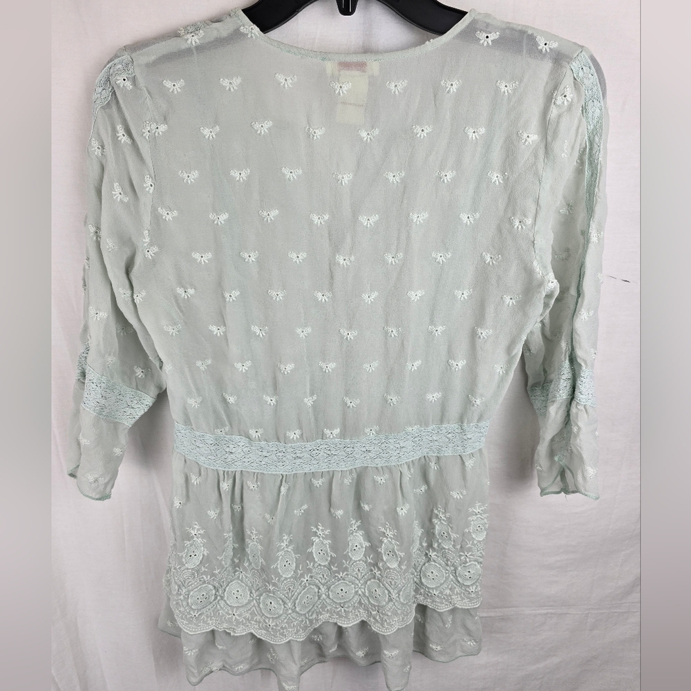 SunDance Women's Silk Lace Eyelit Mint Green Blouse Cottagecore Sz XS - Picture 7 of 9